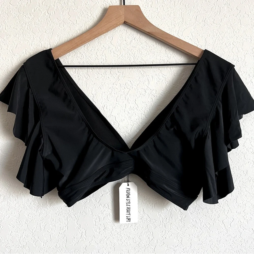 Sporlike Two Piece Swimsuit Ruffle Sleeve High Waist Black NWT L